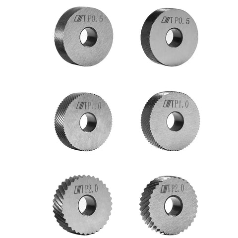Set of three pattern knurling wheels showing 0.5mm, 1.0mm, 2.0mm sizes for Heavy Duty Lathe Tools Set With High Hardness Metal Cutting Bits.