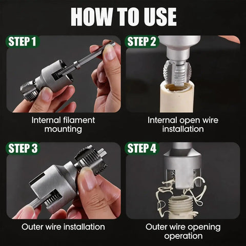 Four-step guide using Two Piece PVC Pipe Threader Kit For 1/2 Inch And 3/4 Inch Pipes Internal And External Threading Set