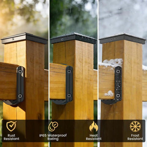Deck Railing Bracket Connectors For 2x4 Wood Posts 20 Pack With Galvanized Screws And Drill Bit shown in weather conditions