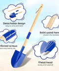 Image showing Two Pack Beach Shovels for Kids With 27.2 Inch Wood Handle Metal Spade Detachable Shovels for Sand Digging Snow Gardening Sandbox Toys Ocean Blue Great Gift for Kids and Adults with details on detachable design, solid wood handle, reinforced screws, and metal head.