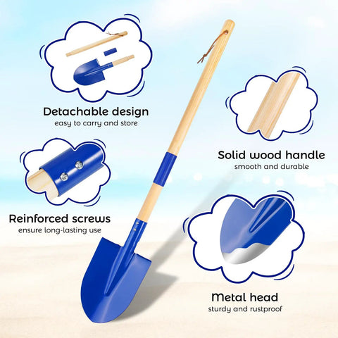 Image showing Two Pack Beach Shovels for Kids With 27.2 Inch Wood Handle Metal Spade Detachable Shovels for Sand Digging Snow Gardening Sandbox Toys Ocean Blue Great Gift for Kids and Adults with details on detachable design, solid wood handle, reinforced screws, and metal head.