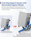 Heavy Duty Electric Stair Climbing Dolly Robot With Smart AI Navigation And LiDAR For Auto Balancing All Terrain Material Handling Plus 925lbs Load Capacity with retractable support wheels maneuvering on stairs.