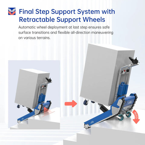 Heavy Duty Electric Stair Climbing Dolly Robot With Smart AI Navigation And LiDAR For Auto Balancing All Terrain Material Handling Plus 925lbs Load Capacity with retractable support wheels maneuvering on stairs.