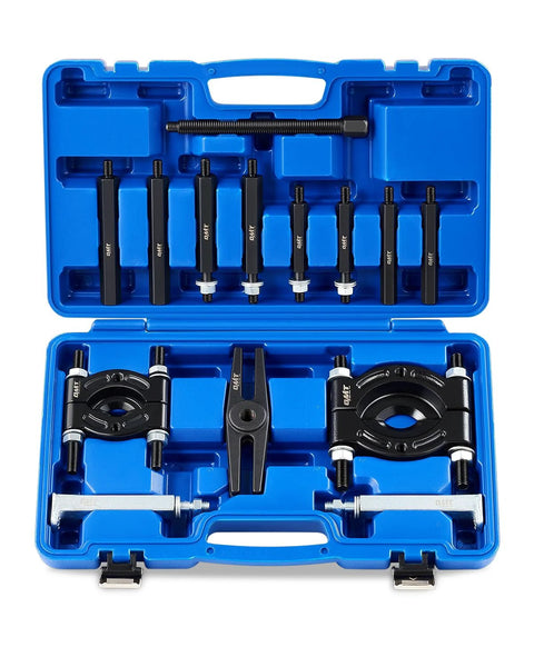 Open blue case showing complete 5 Ton Bearing Puller Set With Bearing Separator And Pinion Wheel Removal Kit Includes 2 Inch And 3 Inch Jaws