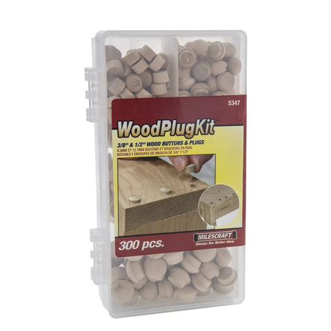 Wood Plug Kit 300 Piece Variety Pack With Assorted Three Eighths Inch And One Half Inch Plugs And Buttons packaging
