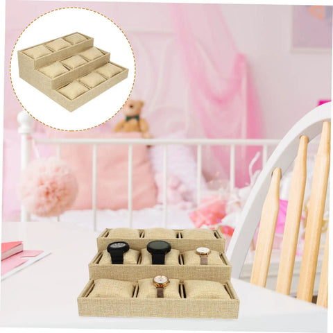 9 Slot Watch Tray Linen Storage Organizer With Cushioned Dividers Jewelry Display Plate Secures Watches Rings And Earrings While Keeping Your Stash Sharp