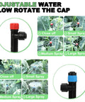 Adjustable spray heads on upgraded drip irrigation kit with 46 ft main tubing and quick connect fittings for gardens and greenhouses.