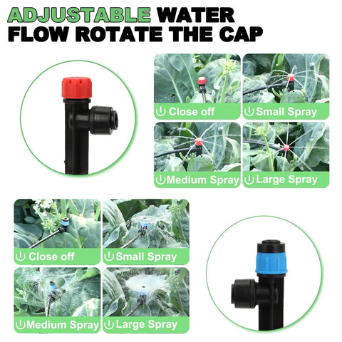 Adjustable spray heads on upgraded drip irrigation kit with 46 ft main tubing and quick connect fittings for gardens and greenhouses.