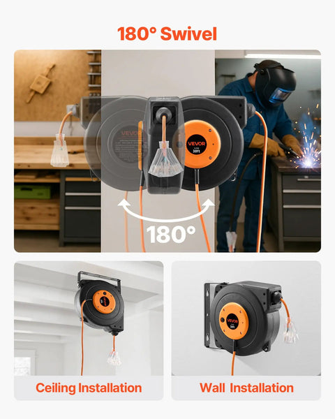 Heavy Duty 30 Ft Retractable Extension Cord Reel With Automatic Rewind And Triple Grounded Sockets, 180-degree swivel installation options.