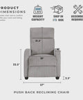 Cozy Corduroy Pushback Recliner Chair with solid wood frame and metal base in light grey, dimensions 27 x 34 x 39.5 inches.