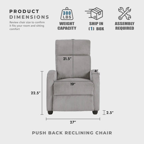 Cozy Corduroy Pushback Recliner Chair with solid wood frame and metal base in light grey, dimensions 27 x 34 x 39.5 inches.
