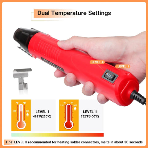 Person holding mini heat gun with dual temperature settings, part of All-In-One Compact Heat Shrink Gun Kit With 820 Solder Seal Connectors And Heat Shrink Tubing, Waterproof Wire Repair Bundle For Marine And Automotive Wiring, Mini Heat Gun Delivers 482 To 752 Fahrenheit, Includes AWG26-10