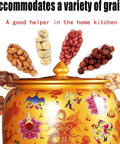 Straight Up Solid Ceramic Rice Jar With Wide Mouth Lid, with various grains displayed around the colorful jar.