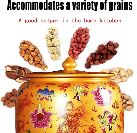 Straight Up Solid Ceramic Rice Jar With Wide Mouth Lid, with various grains displayed around the colorful jar.