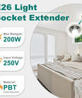E26 Socket Extender With 1.97 Inch Extension For Standard Medium Base Lamps, 250V 200W capacity, shown in a modern bedroom setup