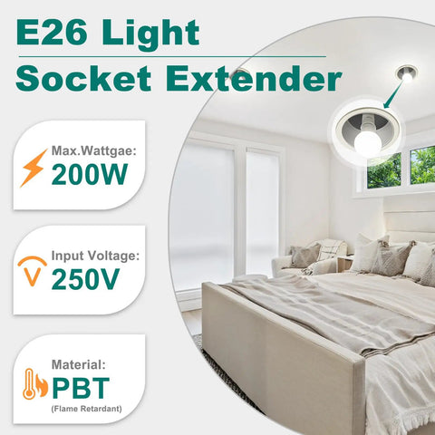 E26 Socket Extender With 1.97 Inch Extension For Standard Medium Base Lamps, 250V 200W capacity, shown in a modern bedroom setup