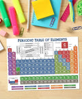 Laminated 8 By 11 Inches Periodic Table Poster With Elements, Symbols, And States Of Matter, Periodic Trends Cheat Sheet on desk