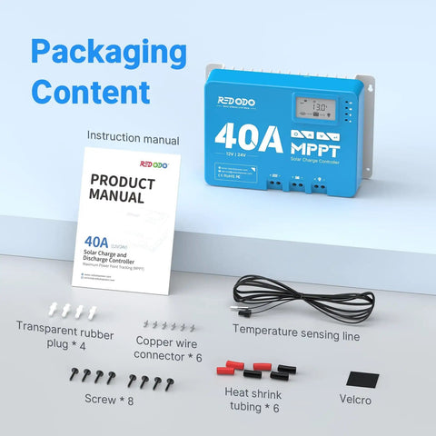 Packaging content for 40 Amp MPPT Solar Charge Controller For 12V 24V Systems With Built In Bluetooth Adjustable LCD Display