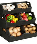 Ventilated 3 Tier Potato And Onion Organizer With Bamboo Pantry Bins Stackable Storage For Kitchen Pantry Countertop And Bathroom Keeps Veggies Fresh Longer Black, filled with assorted vegetables.