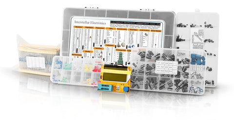 Ultimate Electronics Component Kit With Resistors, Capacitors, Inductors, Diodes, Transistors, Potentiometers, ICs, LEDs, PCBs And LCR Tester 2200 Pieces spread out with storage boxes and tester.
