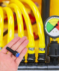 Check Out This 5-Piece Blue Straight Push-Fit Pneumatic Tube Reducer Coupler Kit With Quick Connect Plastic Air Hose Fittings For Industrial Gas Systems That Save Big Temps And Cash While Making Your Job Easy Peasy Every Single Day. black blue push-fit reducer fitting in hand with yellow hoses and pressure gauge