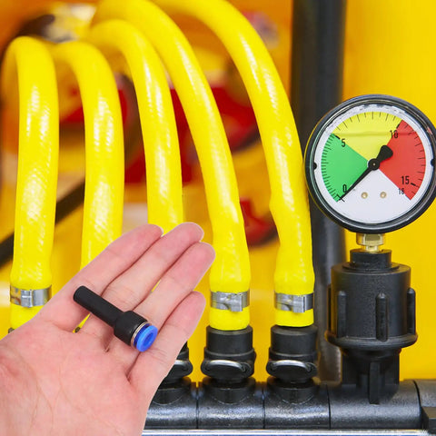 Check Out This 5-Piece Blue Straight Push-Fit Pneumatic Tube Reducer Coupler Kit With Quick Connect Plastic Air Hose Fittings For Industrial Gas Systems That Save Big Temps And Cash While Making Your Job Easy Peasy Every Single Day. black blue push-fit reducer fitting in hand with yellow hoses and pressure gauge