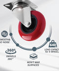 Close-up of a 3 Inch Swivel Caster Wheels Set Of 4 With Heavy Duty Plate Casters And Polyurethane Tires 640 Lb Total Capacity Multi Directional 360 Degree Rotation Ideal For Furniture Carts Dollies And Workbenches with a red tire.