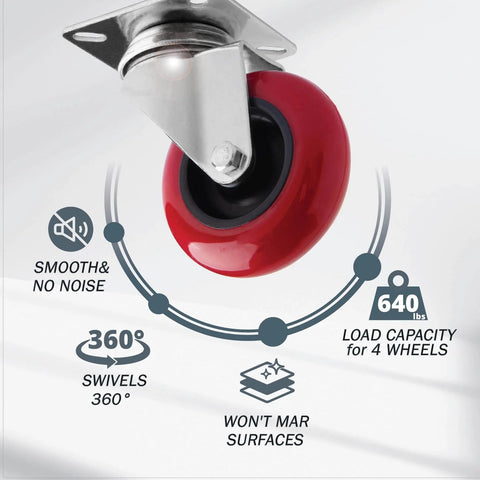 Close-up of a 3 Inch Swivel Caster Wheels Set Of 4 With Heavy Duty Plate Casters And Polyurethane Tires 640 Lb Total Capacity Multi Directional 360 Degree Rotation Ideal For Furniture Carts Dollies And Workbenches with a red tire.