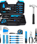 Grab And Go 39 Piece Basic Home Tool Set For DIYers With Quick Fixes In Home Garage Office Or Dorm, Includes Claw Hammer And 20 Screwdrivers, Stored In A Durable Blue Toolbox Storage Case, open view showing tools.