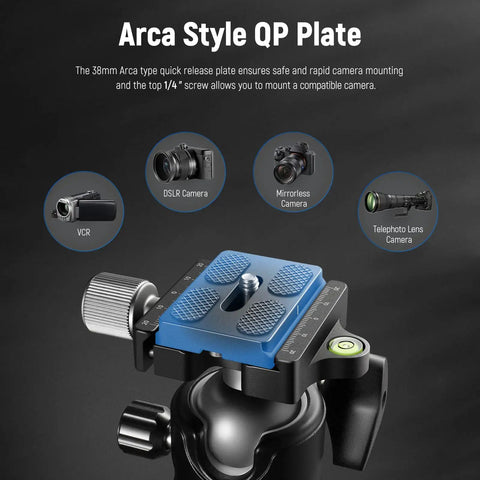 Low Profile Camera Tripod Ball Head for Arca Compatible Plate 38mm Panorama Head with cameras and adapter details