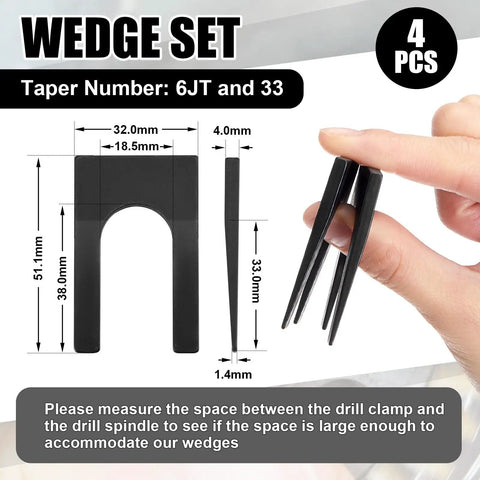 Heavy Duty Four Pack Drill Chuck Removal Wedge Set Compatible With Jt33 And Jt6 Arbors, No Sweat Keyless Chuck Extractor Tool Opens.72 Inch dimensions shown.