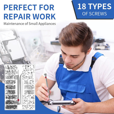 Ultra Handy Micro Screw Repair Kit For Glasses Laptops Watches And Electronics 500Pcs shown with technician using tools