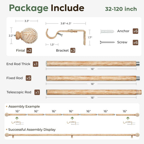 Package contents of Wood Curtain Rod 1 Inch Rugged Heavy Duty Drapery Rod With Imitation Wood Grain Leaf Pattern Finials Adjustable 32 To 120 Inches Indoor Outdoor Modern Curtain Pole Brown