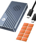 Thunderbolt 5 M.2 NVMe SSD Enclosure With 80Gbps Knockout Speed and Heavy Duty Cooling Fan with USB cables and thermal pads.