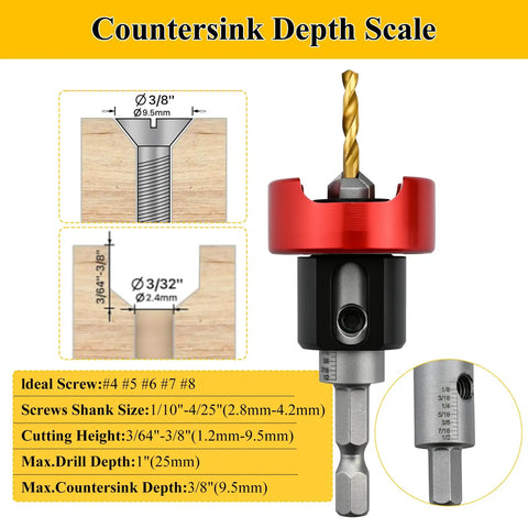 Carbide Tipped 82 Degree Countersink Drill Bit Set With Pro Grade Low Friction Depth Stop And Adjustable Ball Bearing Stop.