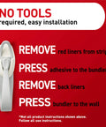 Installation instructions for Damage Free Cord Bundlers For Walls No Tools Needed No Holes Holds Up To 2 Pounds Six Gray Bundlers With Twelve Strips Easy Cable Management For Hanging Electrical Cables.