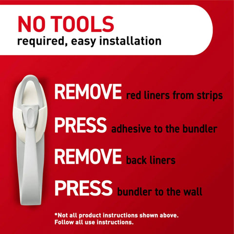 Installation instructions for Damage Free Cord Bundlers For Walls No Tools Needed No Holes Holds Up To 2 Pounds Six Gray Bundlers With Twelve Strips Easy Cable Management For Hanging Electrical Cables.