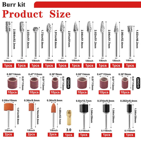 Hard Hitting Carbide Rotary Burr Kit With Tungsten Steel Double Cut Bits And Premium Aluminum Oxide Sanding Bands designed for Dremel tools, product size chart.