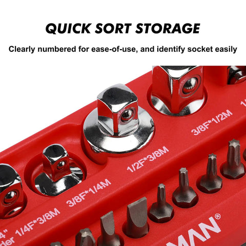 Close-up of Magnetic Socket Accessory Holder Tray For One Quarter Inch Drive Tools Red Polypropylene Organizer with labels.