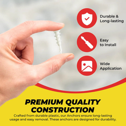 Hand holding a Mini N6 Plastic Self Drilling Drywall Anchor from 50 pack, ideal for light-duty hangers and shelves, easy install.