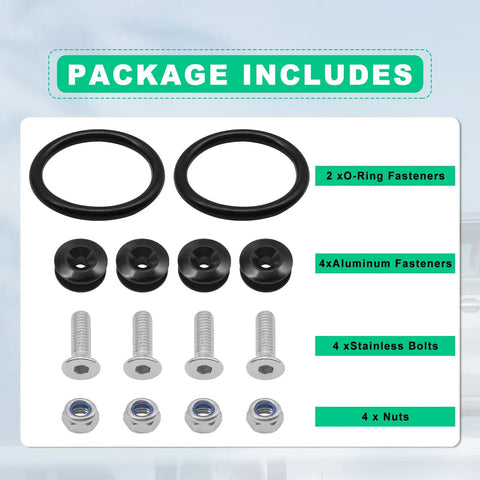 Quick Release Fastener Kit For Cars 4 Piece Bumper Trunk Fender Hatch Latch System With O Rings Washers And Stainless Screws Heavy Duty Fit For GM And Other Vehicles package contents displayed, including O-rings, aluminum fasteners, bolts, and nuts.