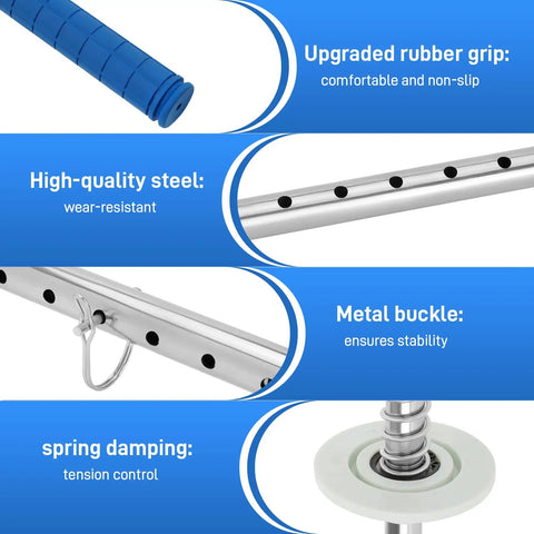 Heavy Duty Stretch Film Dispenser Pole Holder With 48 Inch Reach For Easy Pallet Wrapping Fits 12 To 24 Inch Rolls 2 To 3 Inch Core Pro Grade Wrap Tool For Warehouses And Shops blue rubber grip, steel pole, metal buckle, spring base