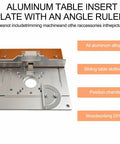 Heavy Duty Aluminum Router Table Insert Plate With Precision Center Bore And Pro Miter Tracks, featuring an angle ruler for accurate adjustments.