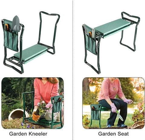 Grab And Go Foldable Garden Kneeler Stool With Tool Pouches And EVA Foam Pad shown in use as a garden seat and kneeler