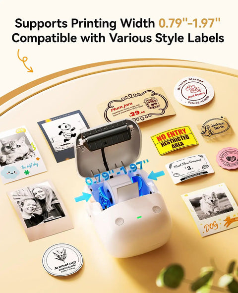 B2 Pro Label Maker With Bluetooth, 300 DPI Sticker Printer, Ultra Portable 348g, open with printed labels, label width 20-50mm