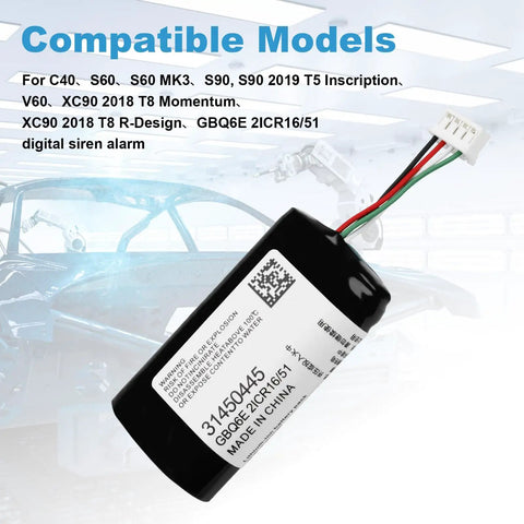 Volvo Digital Siren Alarm Battery Replacement 750mAh 3.42Wh with connector for models C40, S60, S90, V60, XC90 in background.