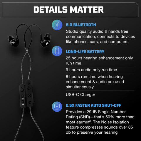 Extreme 2 Point 0 Shooting Ear Buds With Hearing Enhancement Noise Isolation Bluetooth And Dynamic Speakers 25 Hour Battery All In One 3 In 1 Ear Protection for range day with controls and USB-C charger
