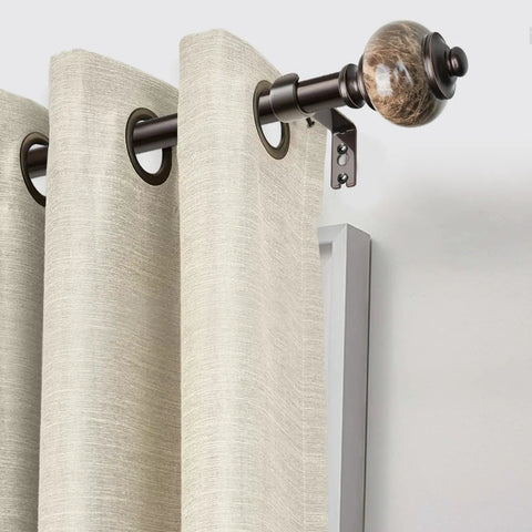 2 Pack Marbled Curtain Rod Finials Bronze Finish For 1 Inch Or 7 Eighths Inch Drapery Rods Resin Replacement End Caps With Classic Marble Look Perfect For Modern Vintage Industrial Decor. Bronze resin marble finial on curtain rod with beige drapes