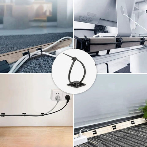 50 Piece Adhesive Zip Tie Mount Kit For No Fuss Wire Management with six inch ties and square wire holders in use