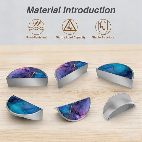 2 Pack Fluid Art Cabinet Pulls with dope blue purple gold marble pattern, 3 inch center hole, brushed nickel semicircle design.